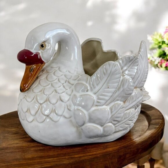 Unbranded Other - Vintage 1964 Large Ceramic Glazes Goose Plant Holder Hand Painting 13.5"